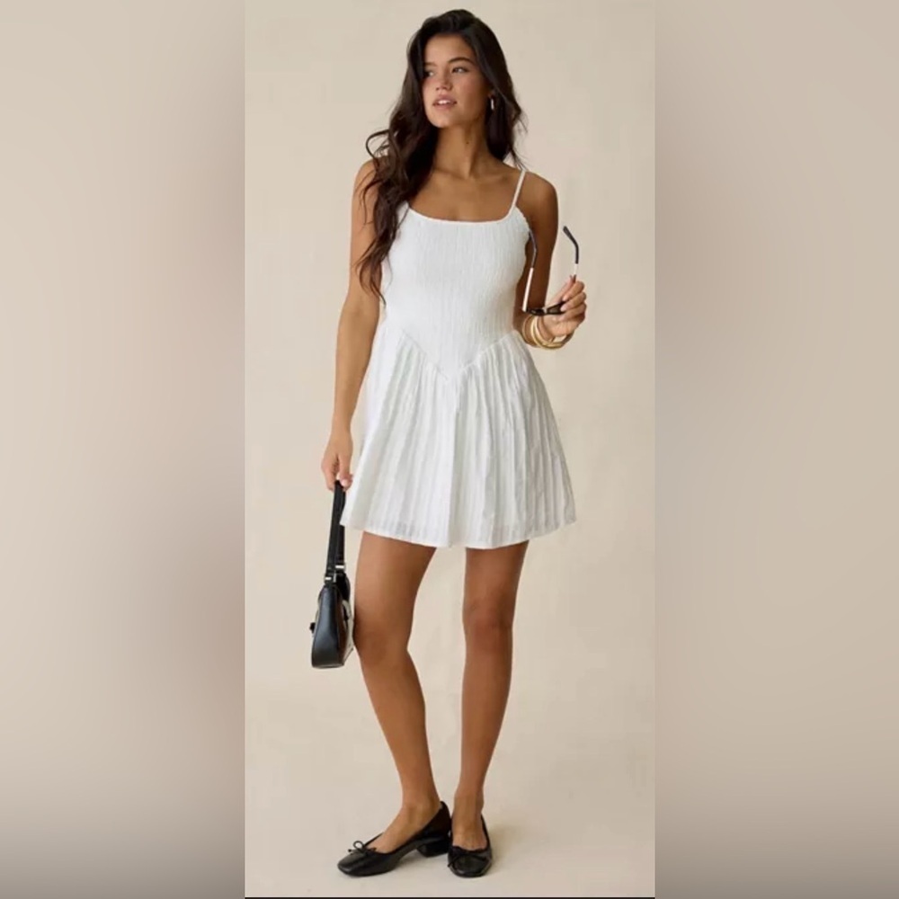 Urban Outfitters Smocked Mini Dress White Babydoll Festival Resort Vacation ,L
